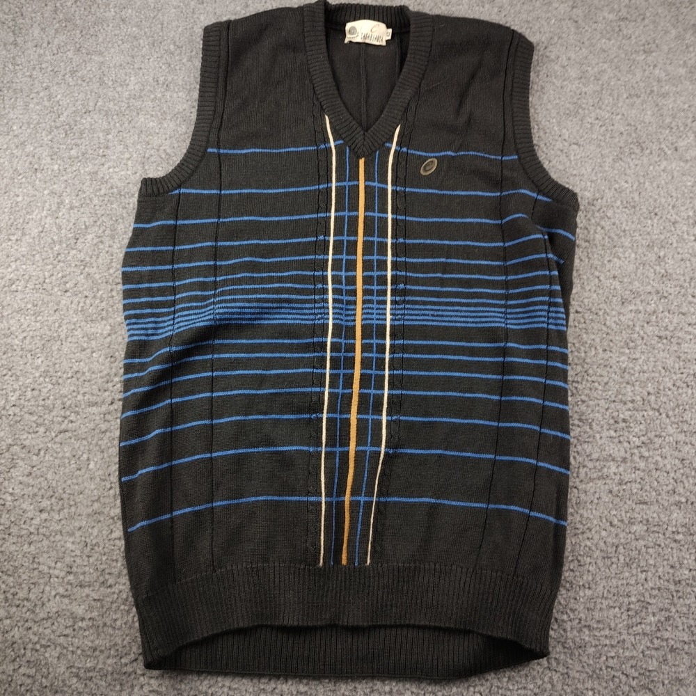 VTG Casablanca Wool Sweater Vest Mens 42 Medium Black Striped V-Neck EUC